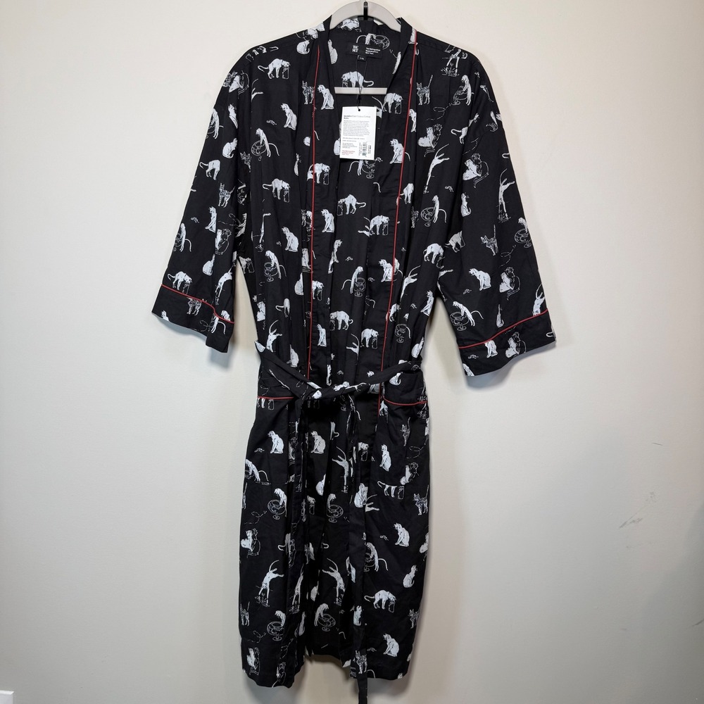 NWT The Met Steinlen Cats Robe Unisex L/XL Black Art Print Cotton Loungewear